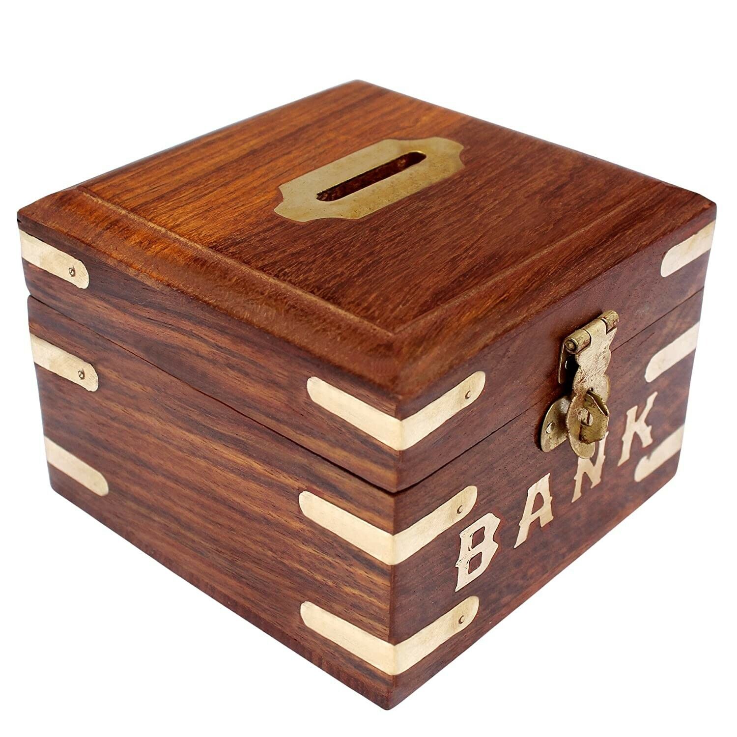 wooden piggy bank with lock