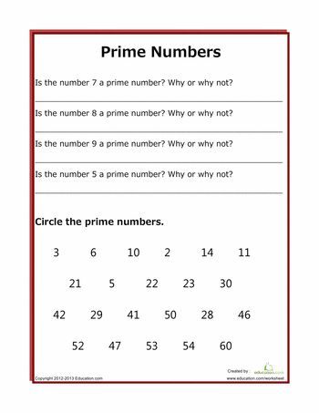 worksheet prime numbers