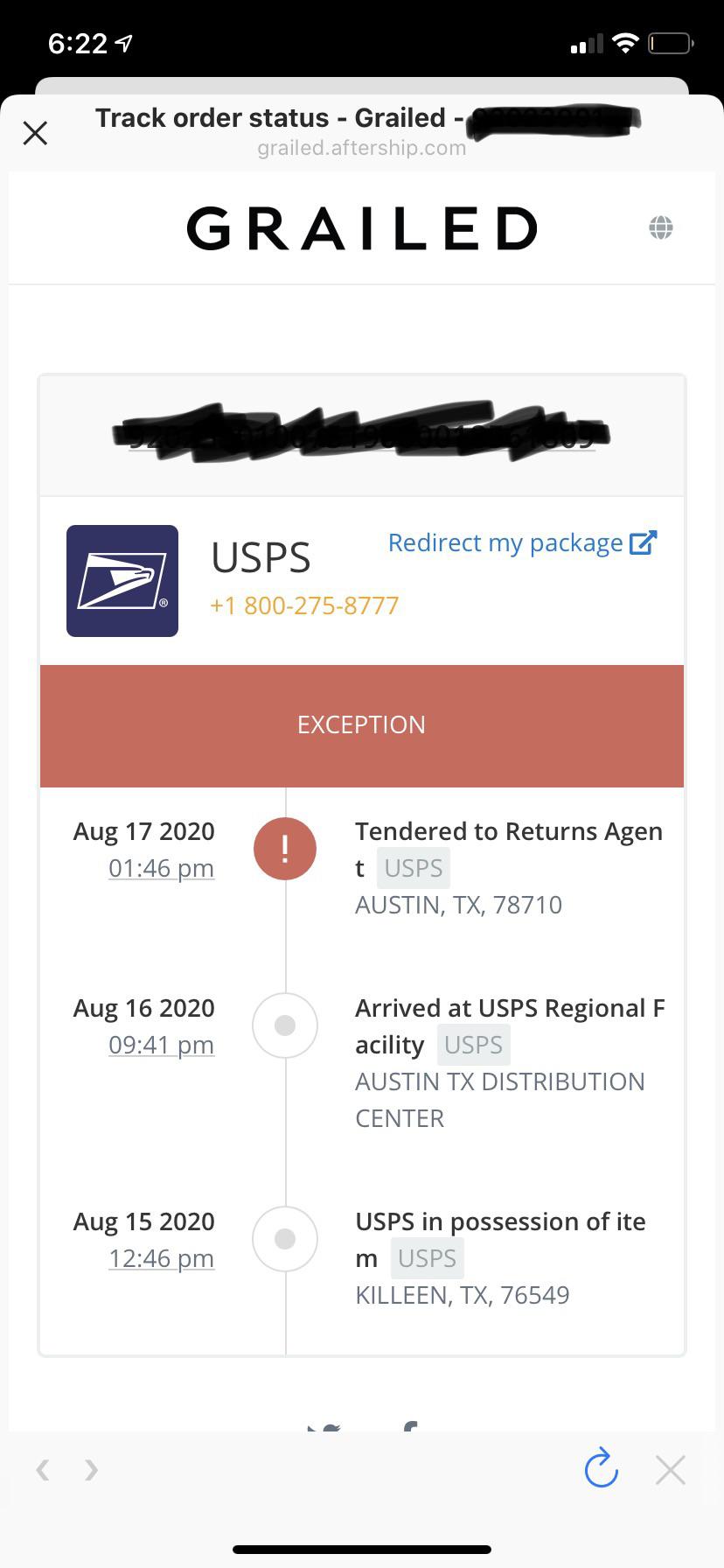 tendered to returns agent usps