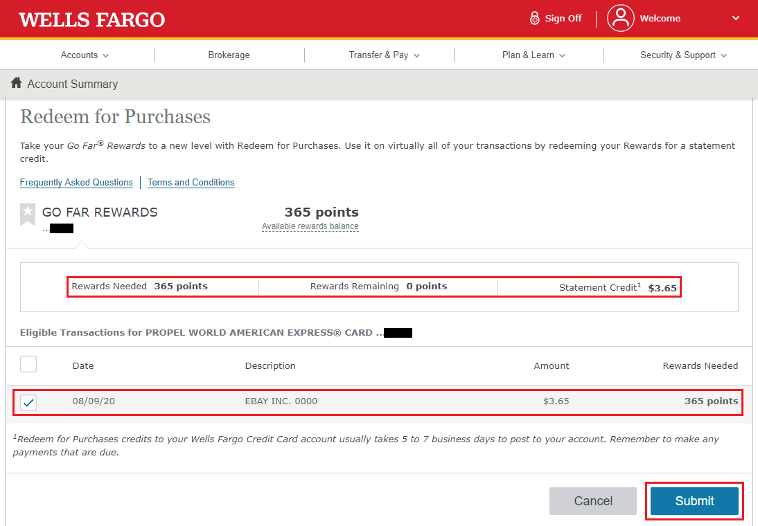 wells fargo rewards points redeem to account