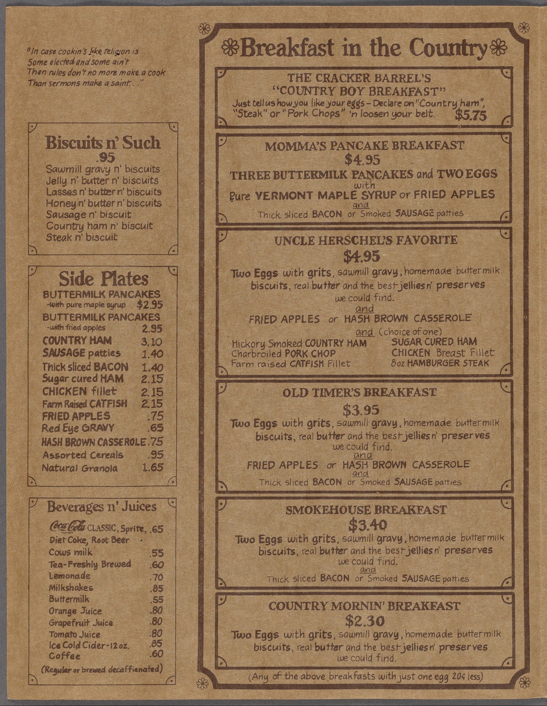 old cracker barrel menu