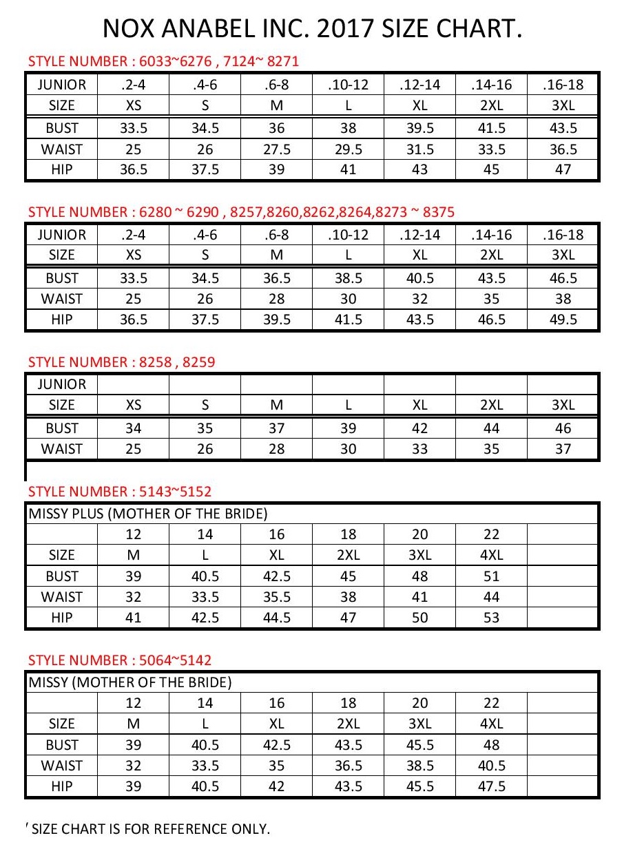 nox anabel size chart