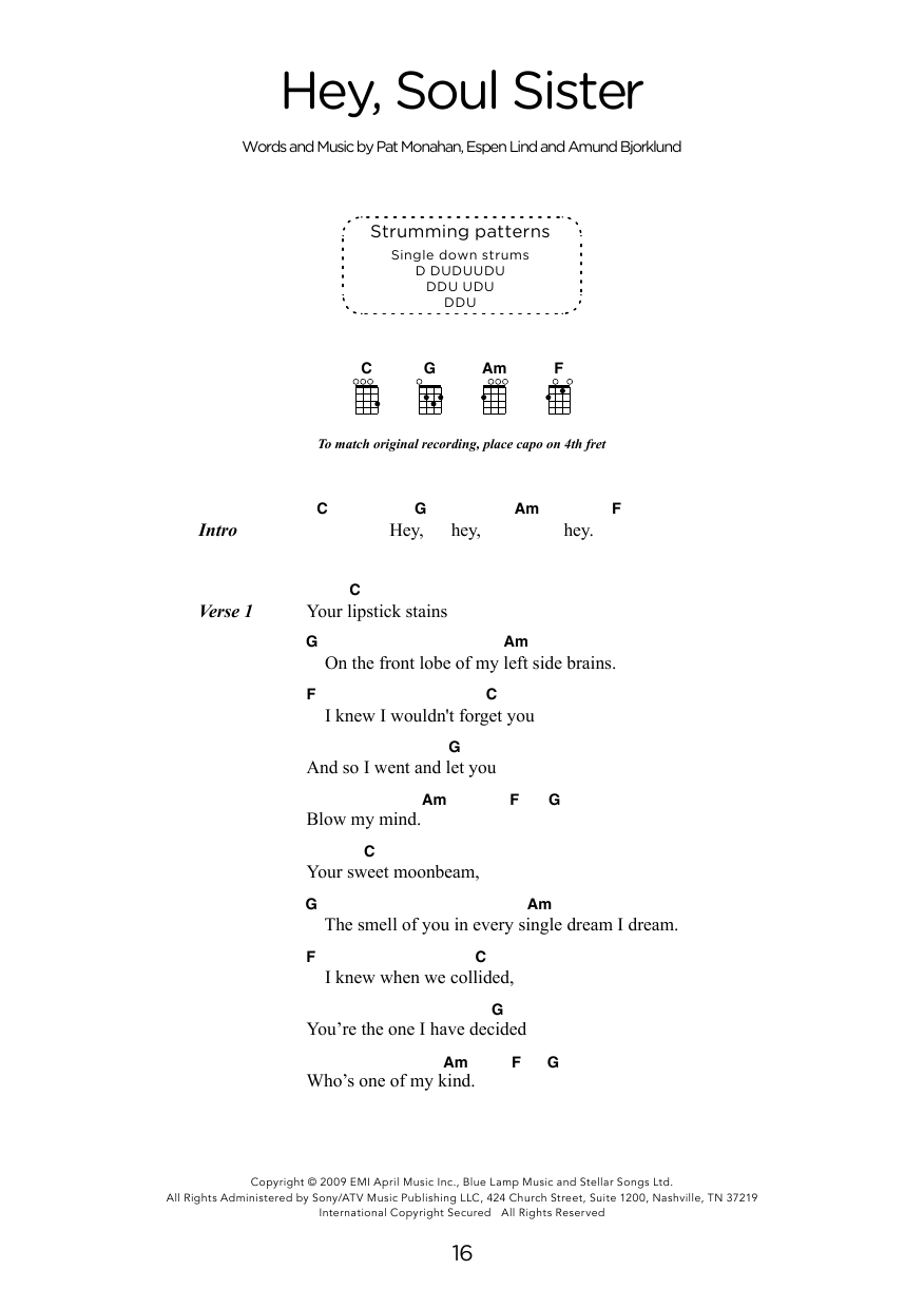 hey soul sister uke chords