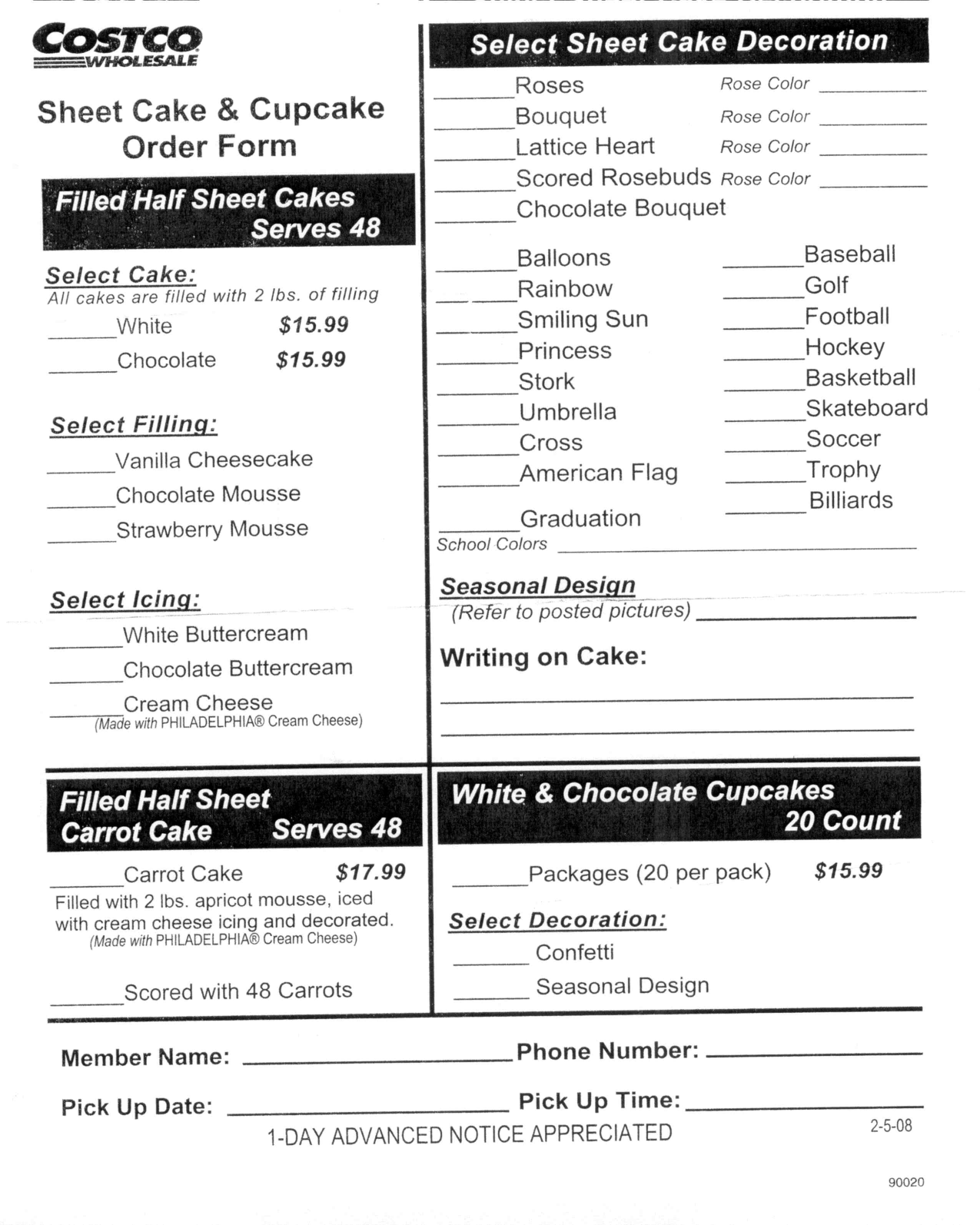 costco sheet cake order form