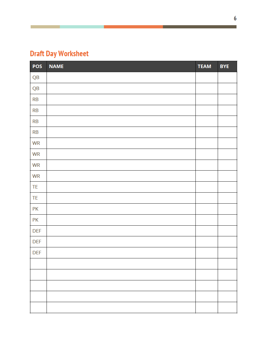 free fantasy football draft sheets