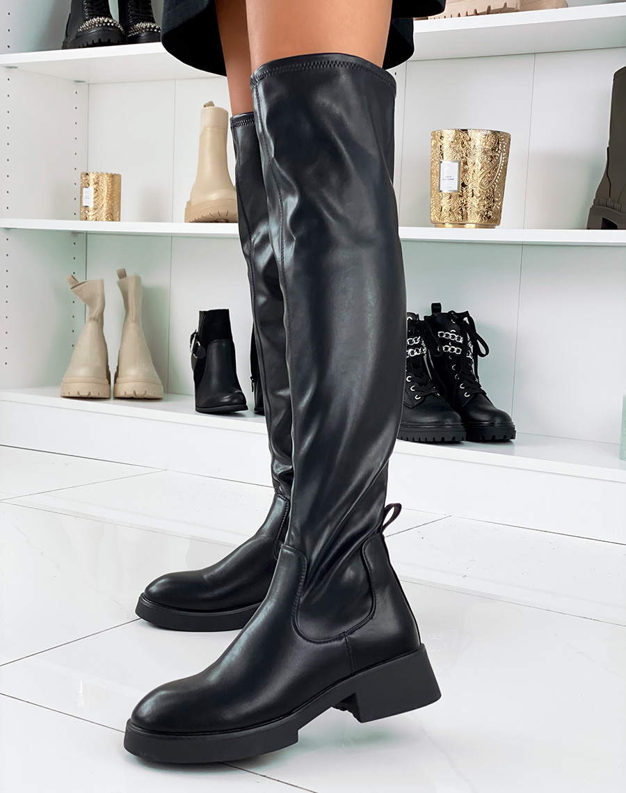 flat thigh high boots leather