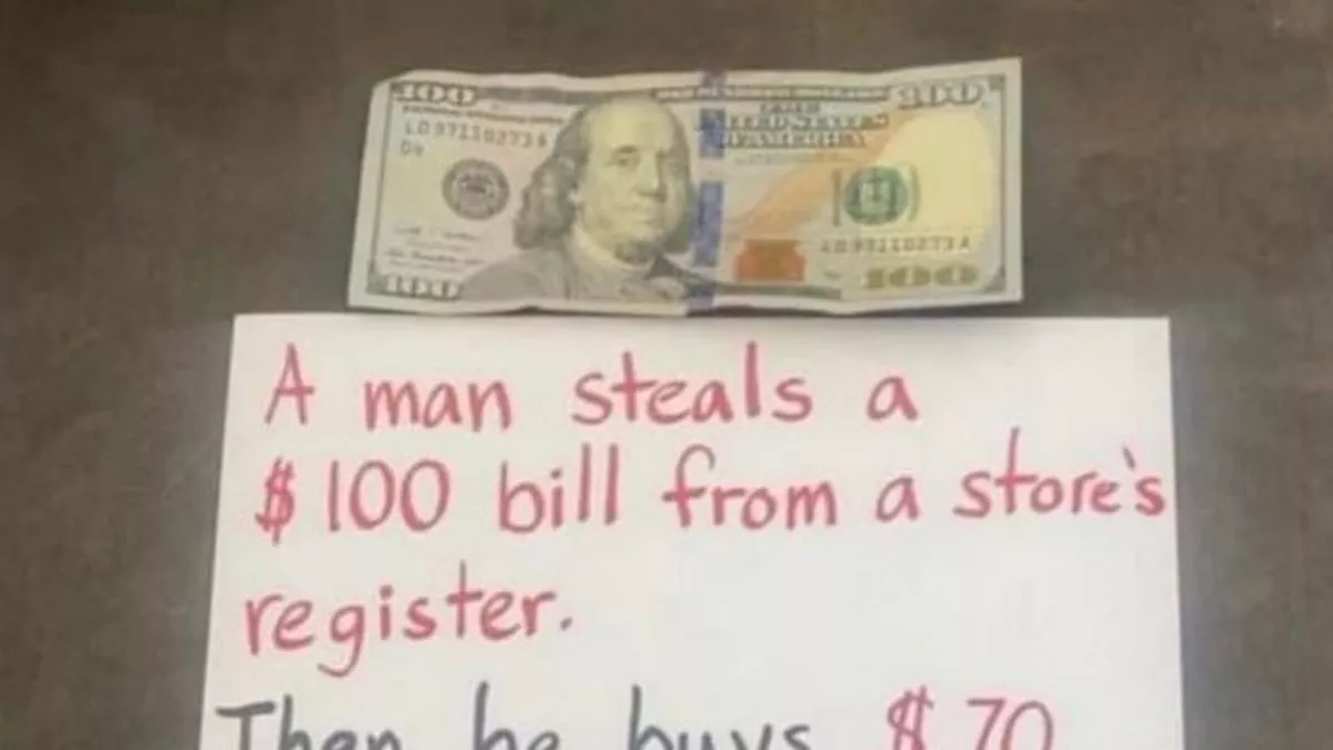 a man steals $100 bill from a stores register