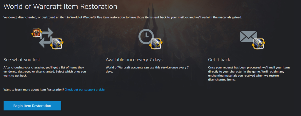 world of warcraft item restoration