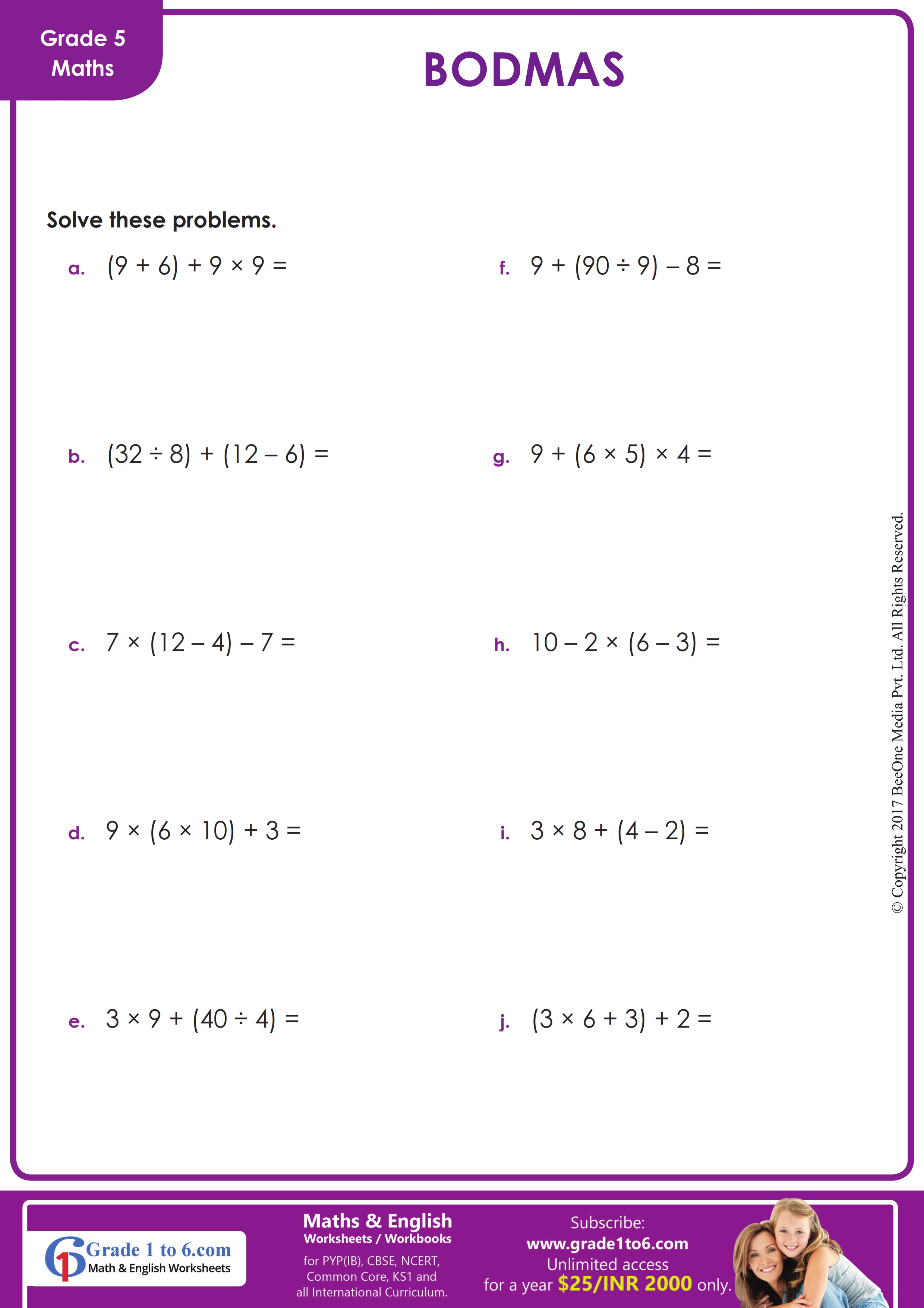 bodmas rule questions for class 5