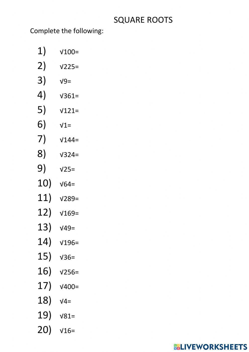 square roots 1-20