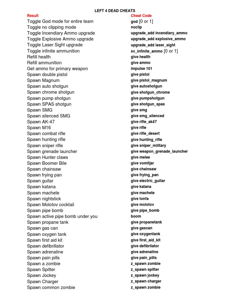 left 4 dead 2 console commands list