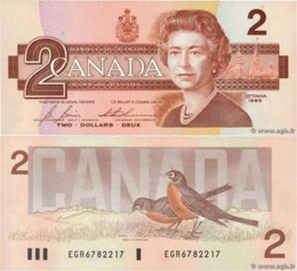 canadian $2 bill 1986 value