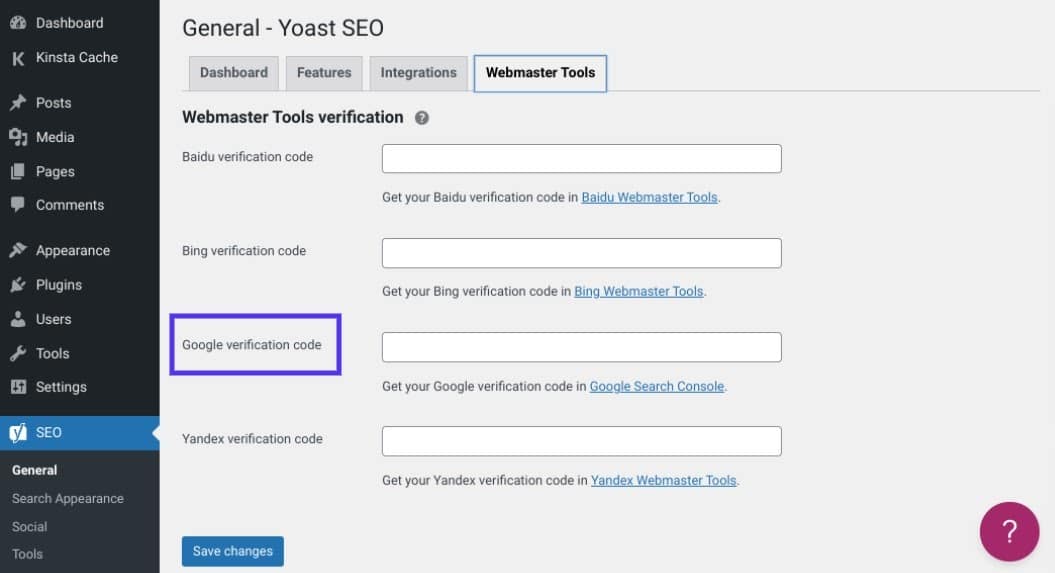 get google verification code for yoast