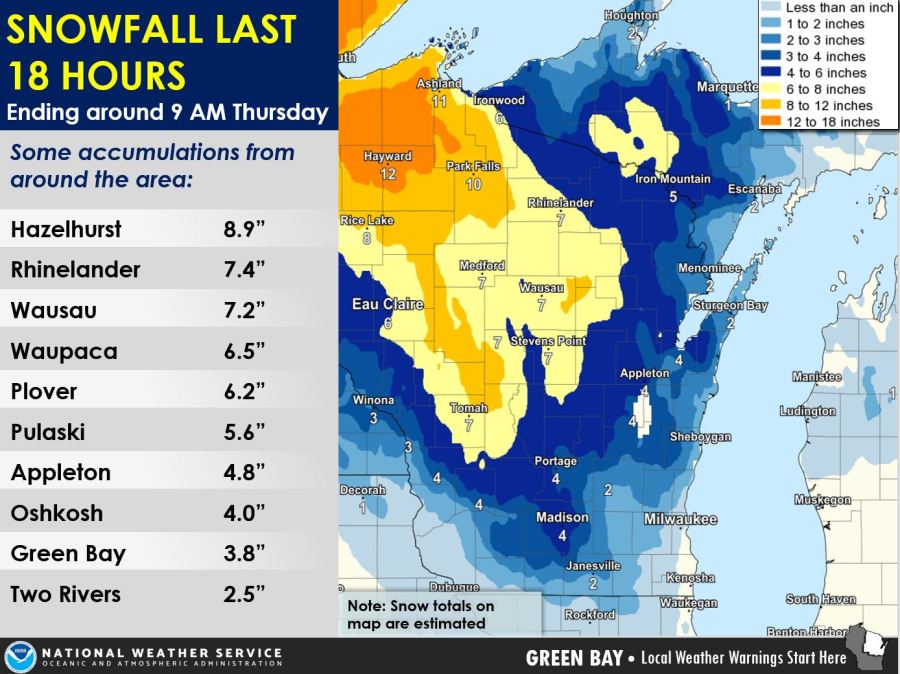 snowfall totals wisconsin today