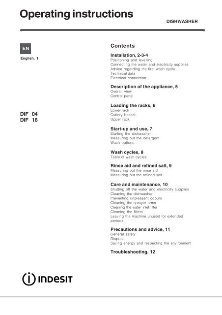 indesit dishwasher instructions