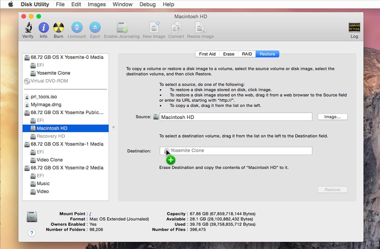 disk utility restore