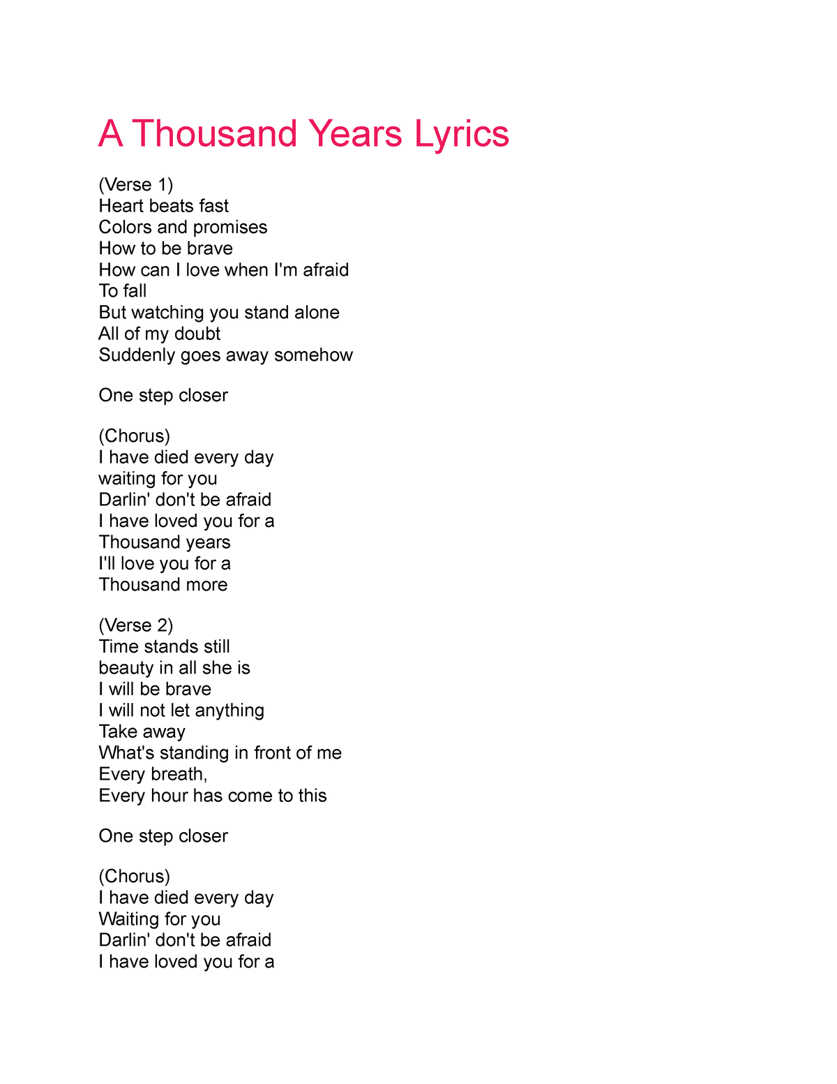 for thousand years lyrics