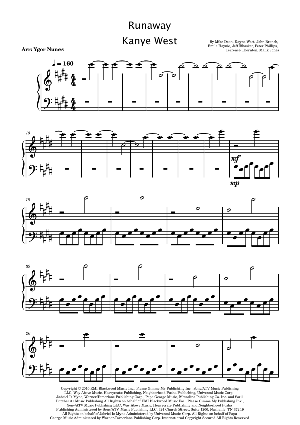 runaway piano sheet music letters