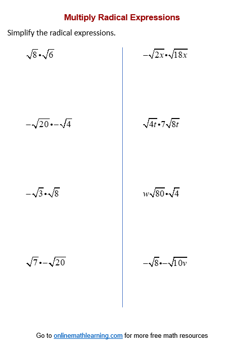 multiplying radicals worksheet with answers pdf