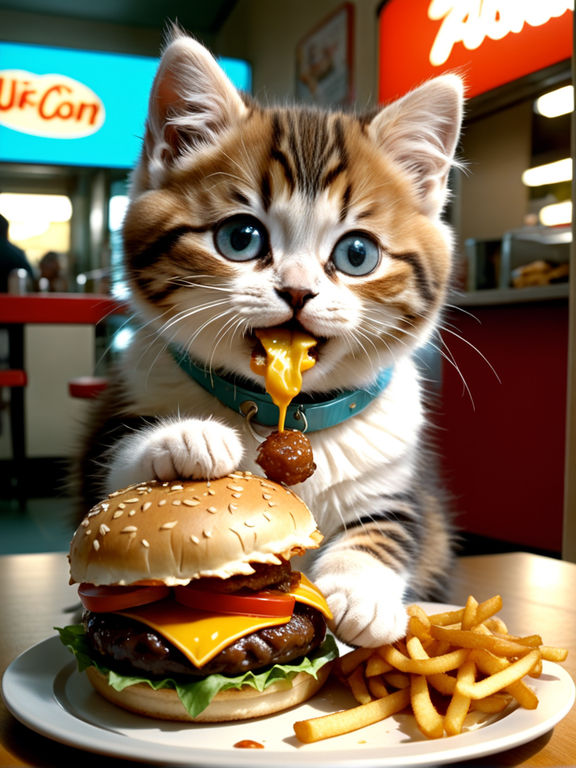 cat eating burger