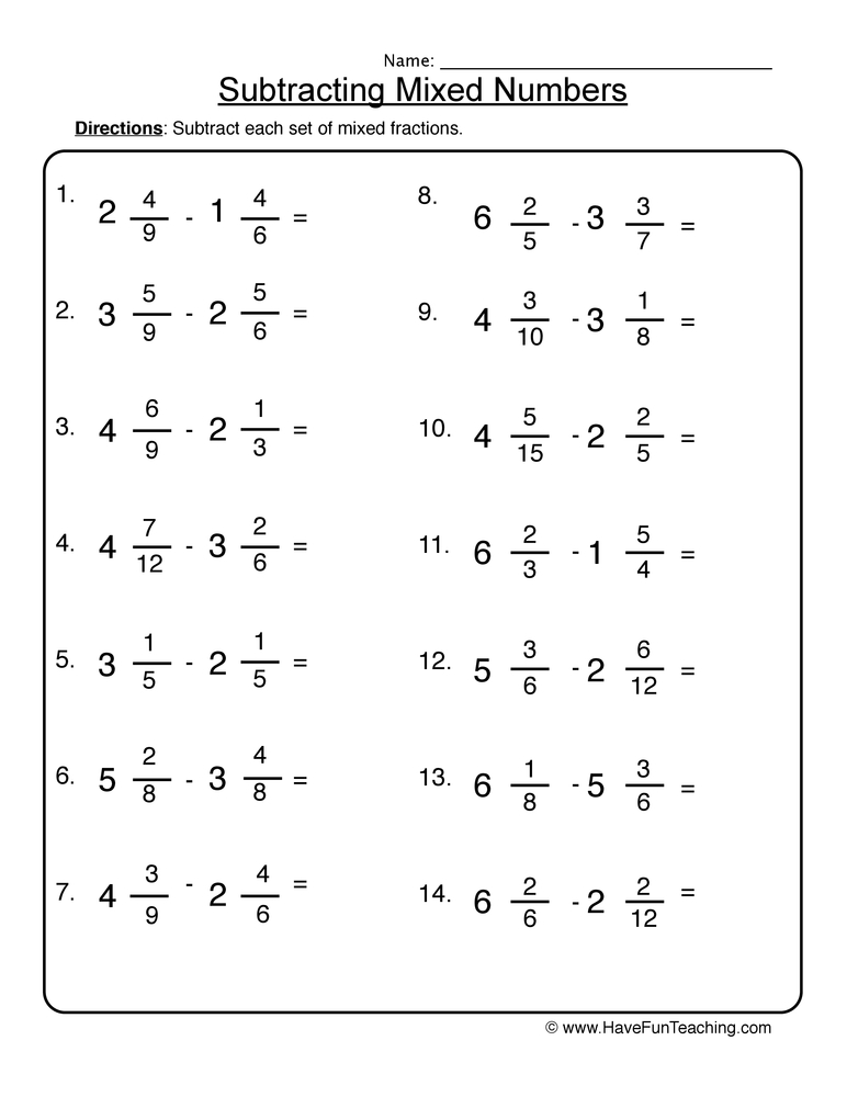 adding and subtracting mixed numbers worksheet