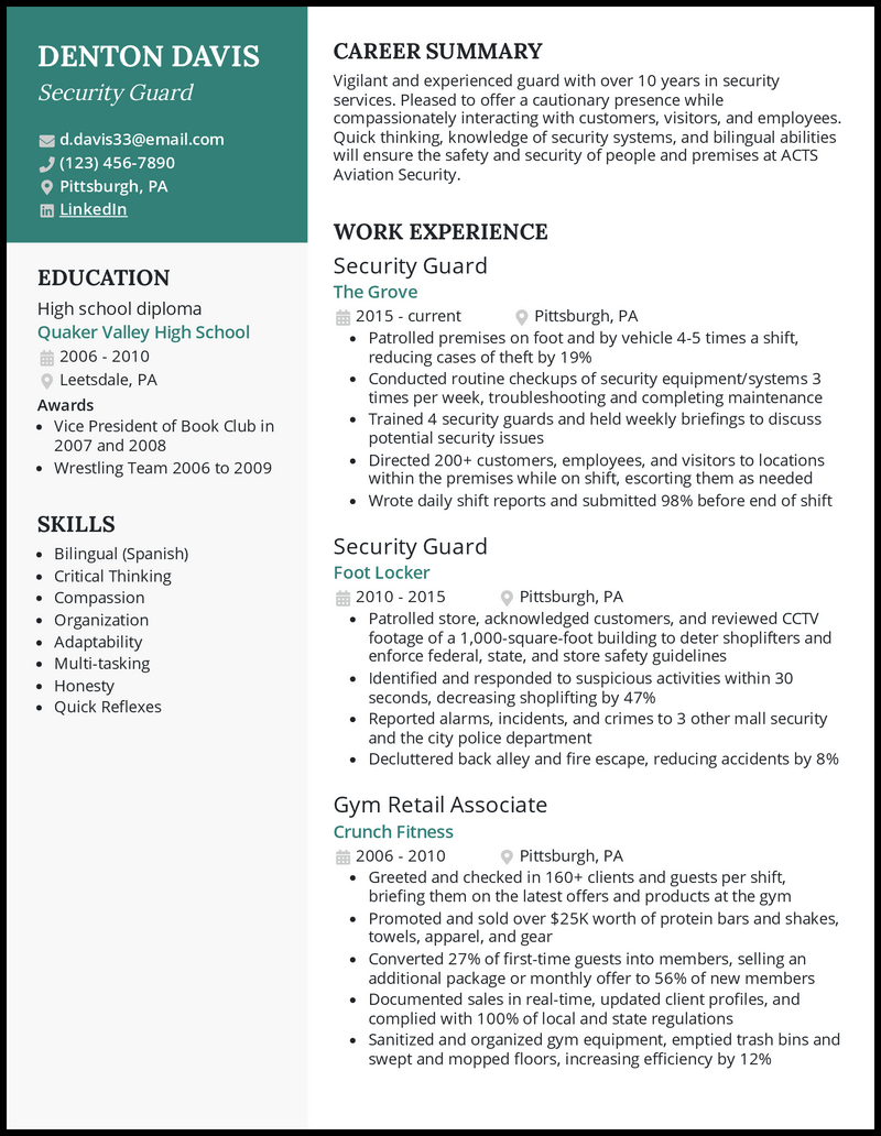 beginner security guard resume