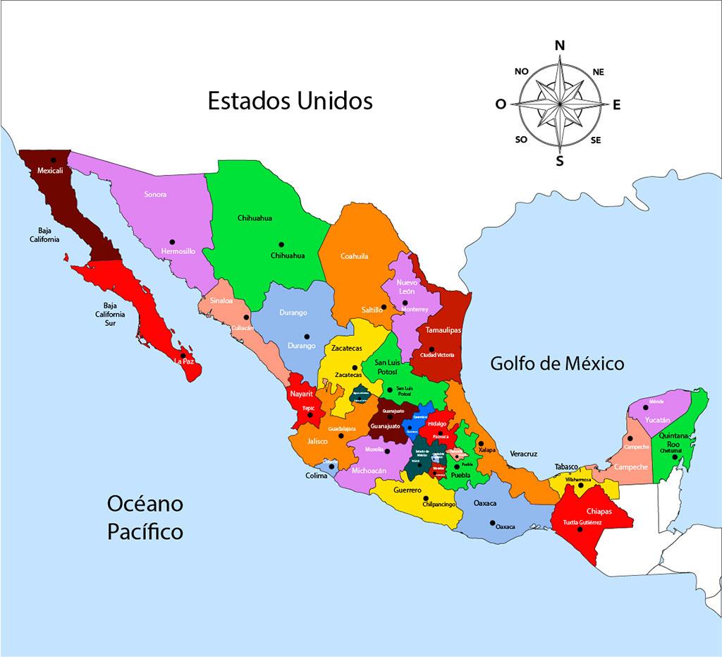 mapa de la republica mexicana con nombres y capitales