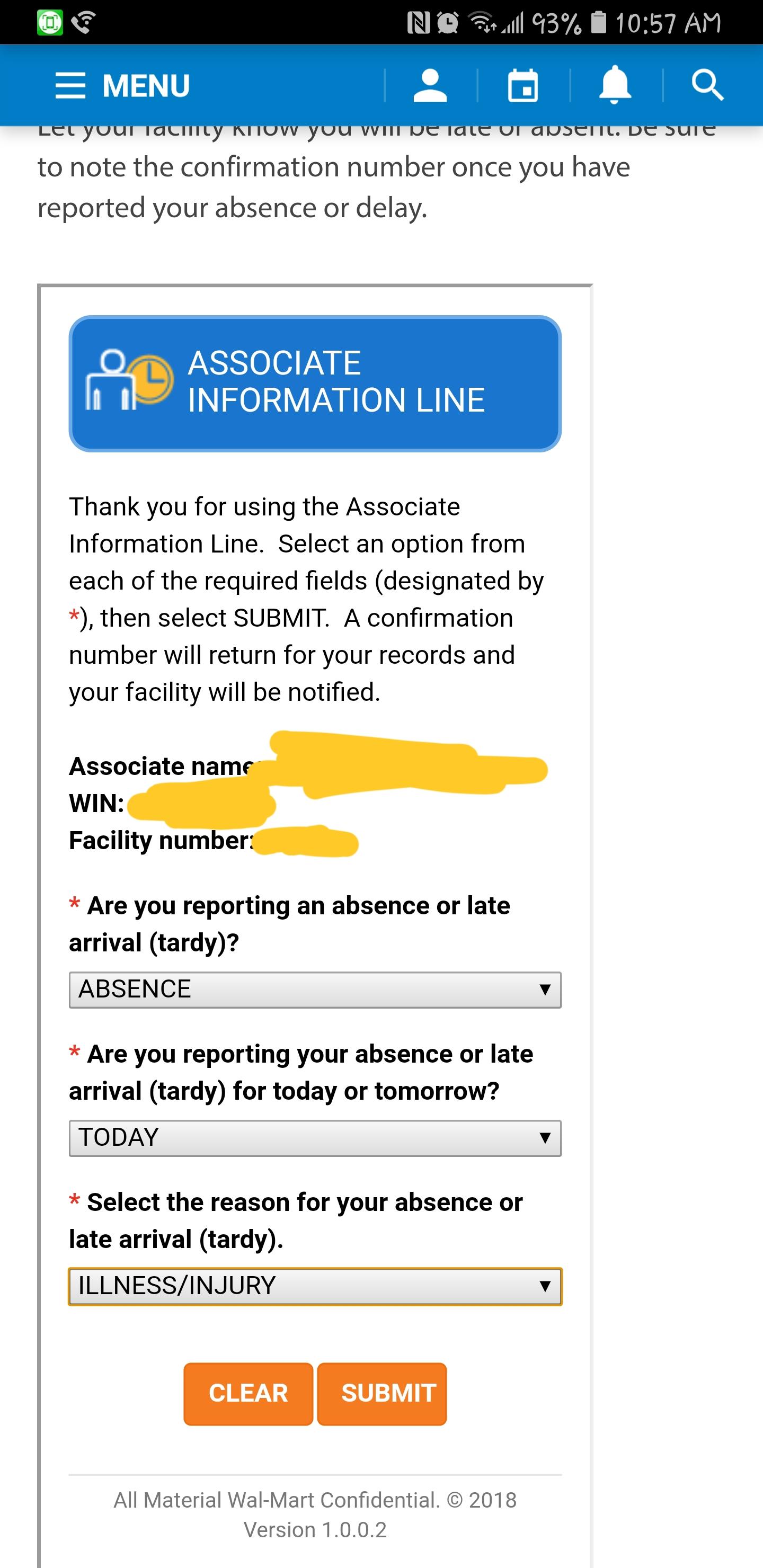 absence number for walmart