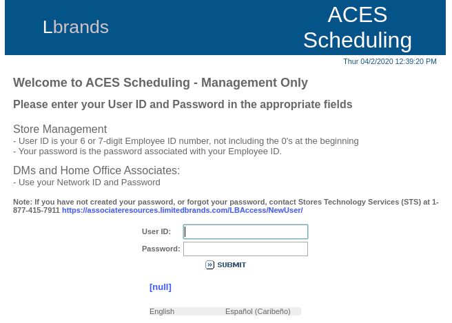 aces.limitedbrands.com schedule