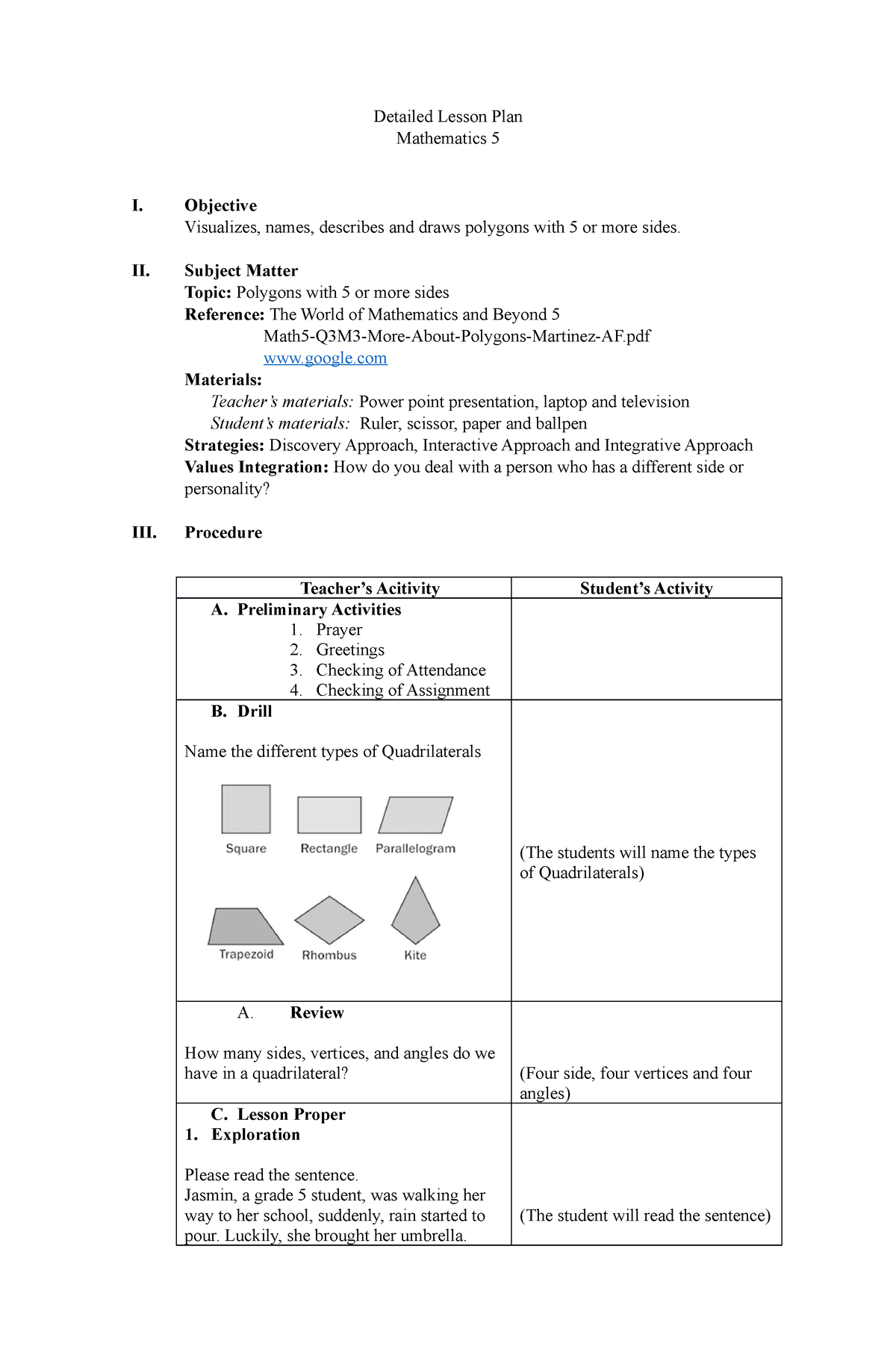 detailed lesson plan about polygons