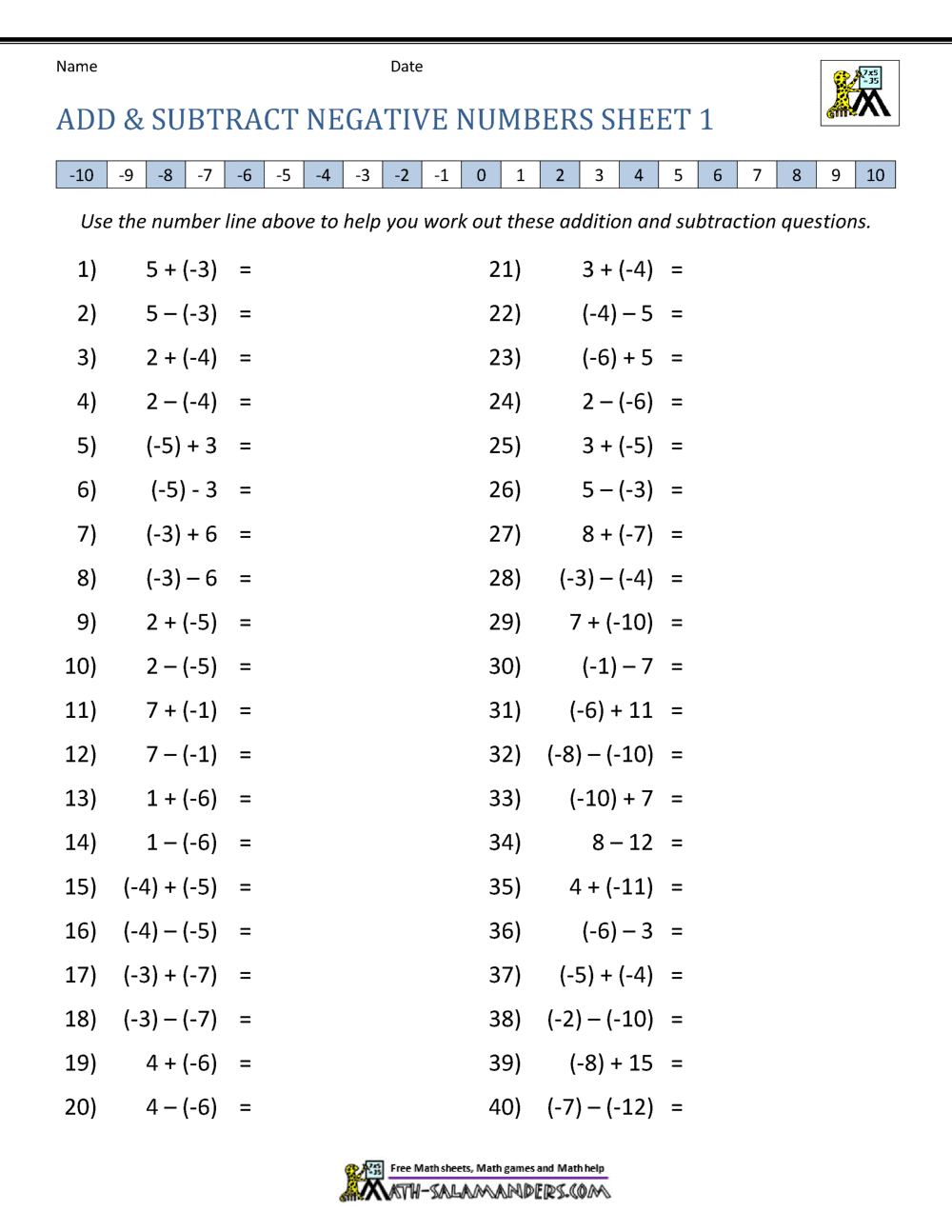 adding and subtracting negative numbers worksheets