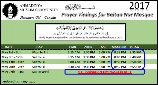 ahmadiyya prayer timings