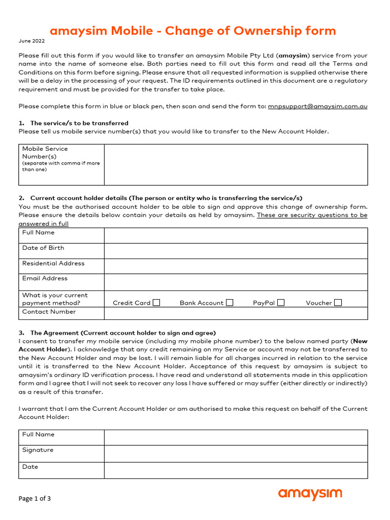 amaysim change of ownership form