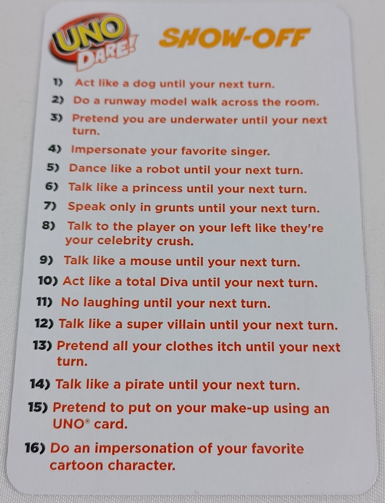 uno dare dare list