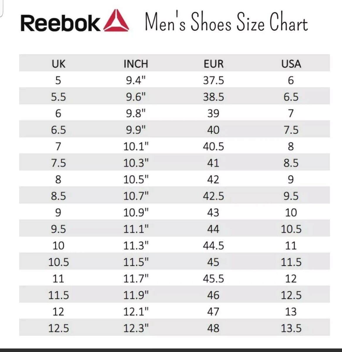 reebok nano size chart