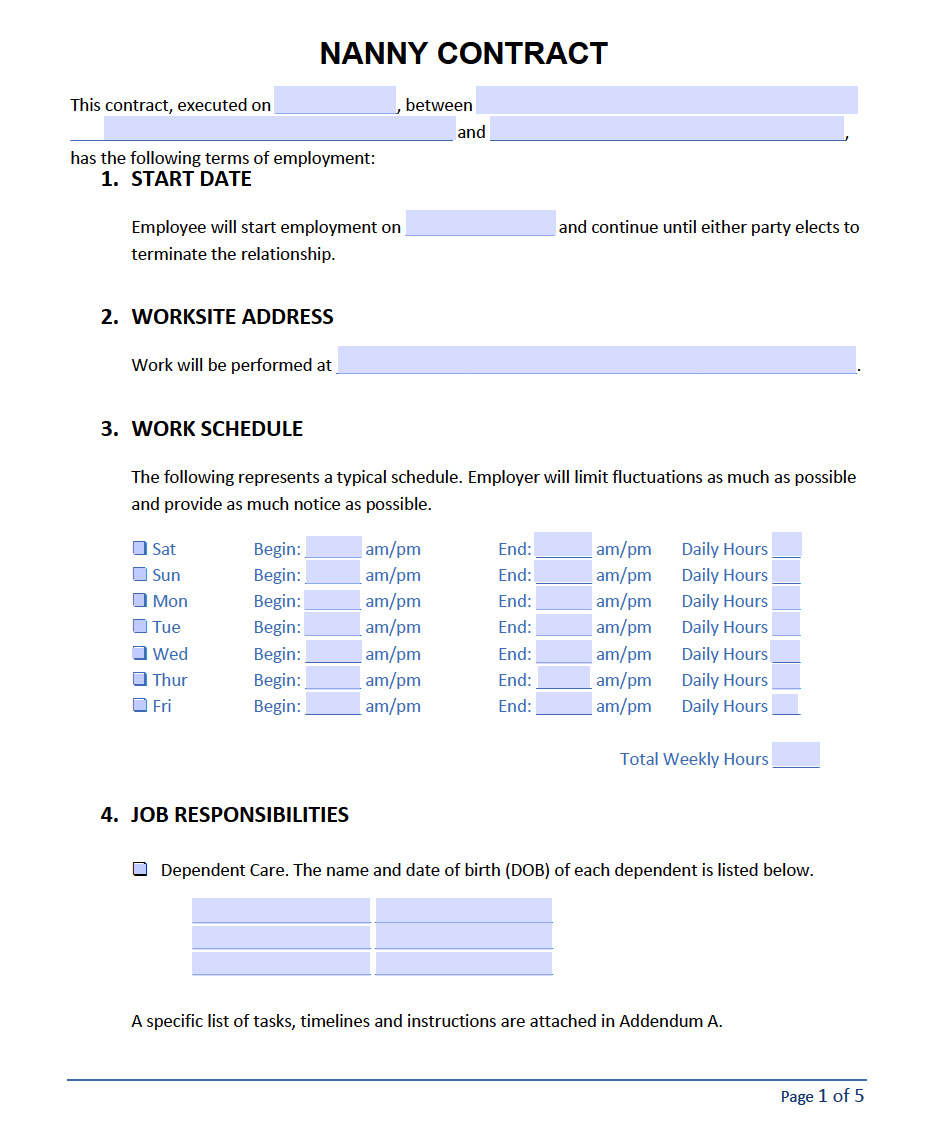 printable nanny contract template