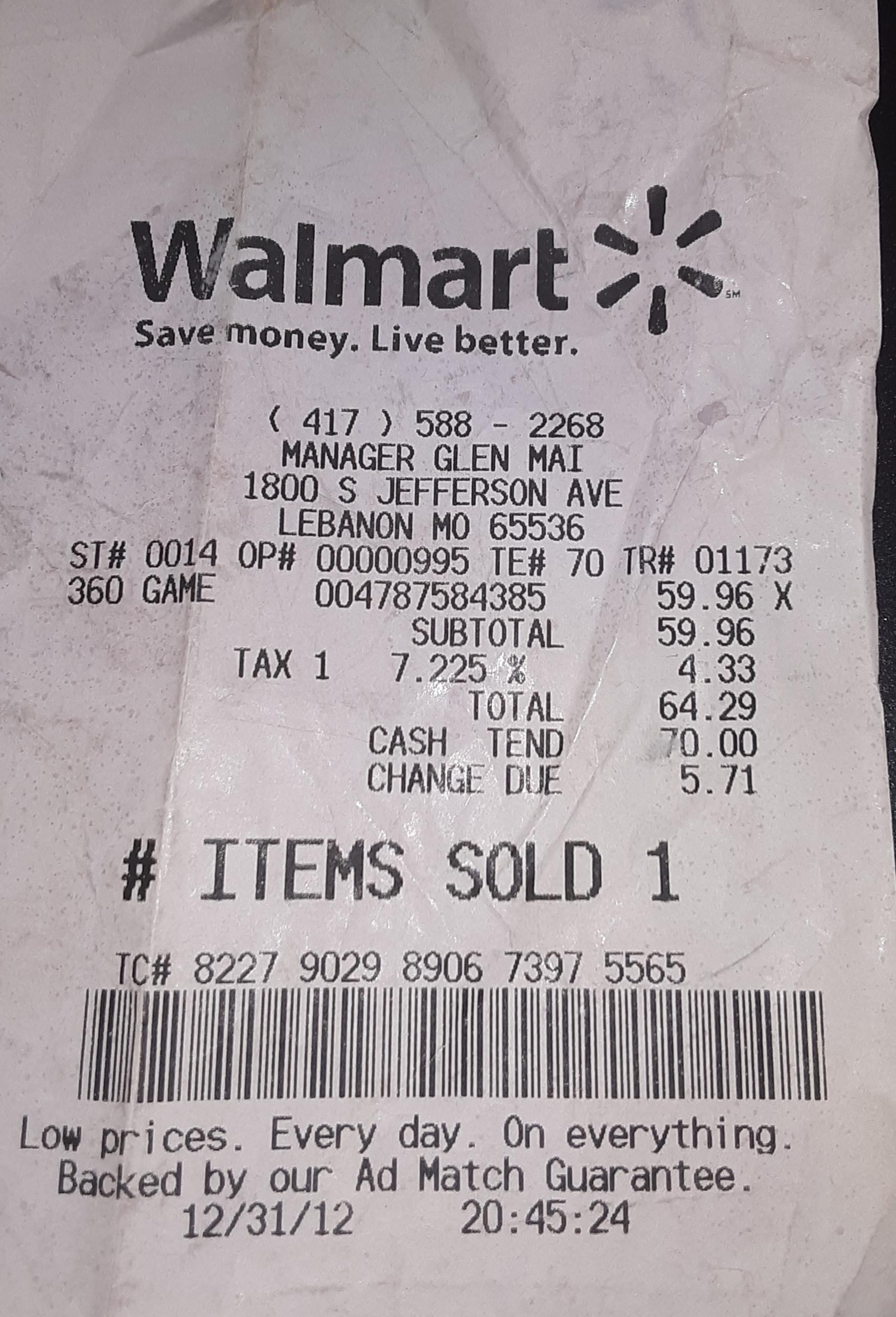 walmart receipt tc