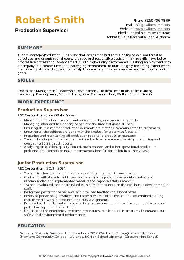 production incharge resume