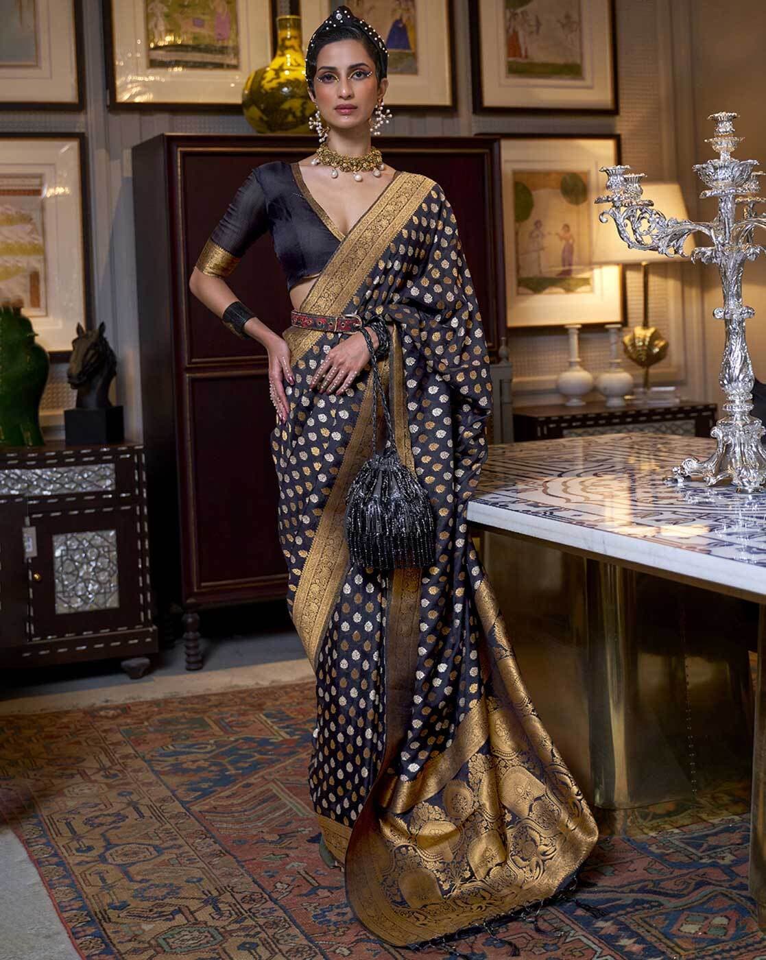 black saree with golden dots