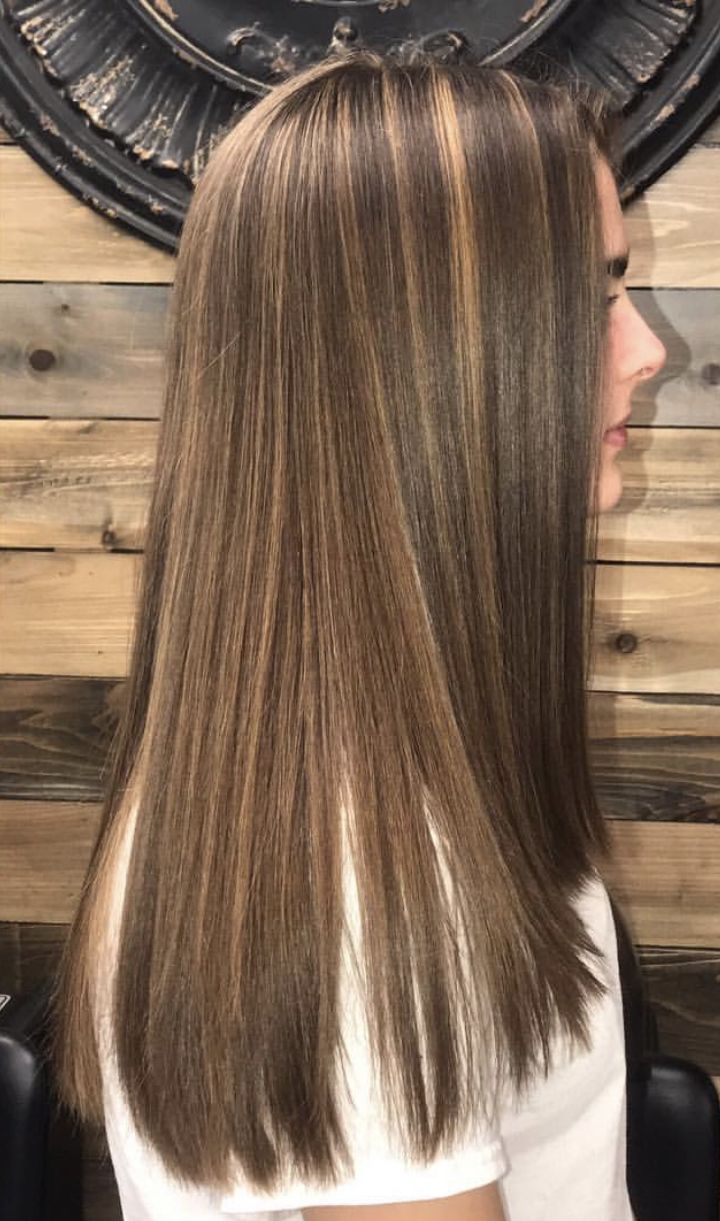 straight dark brown hair with highlights