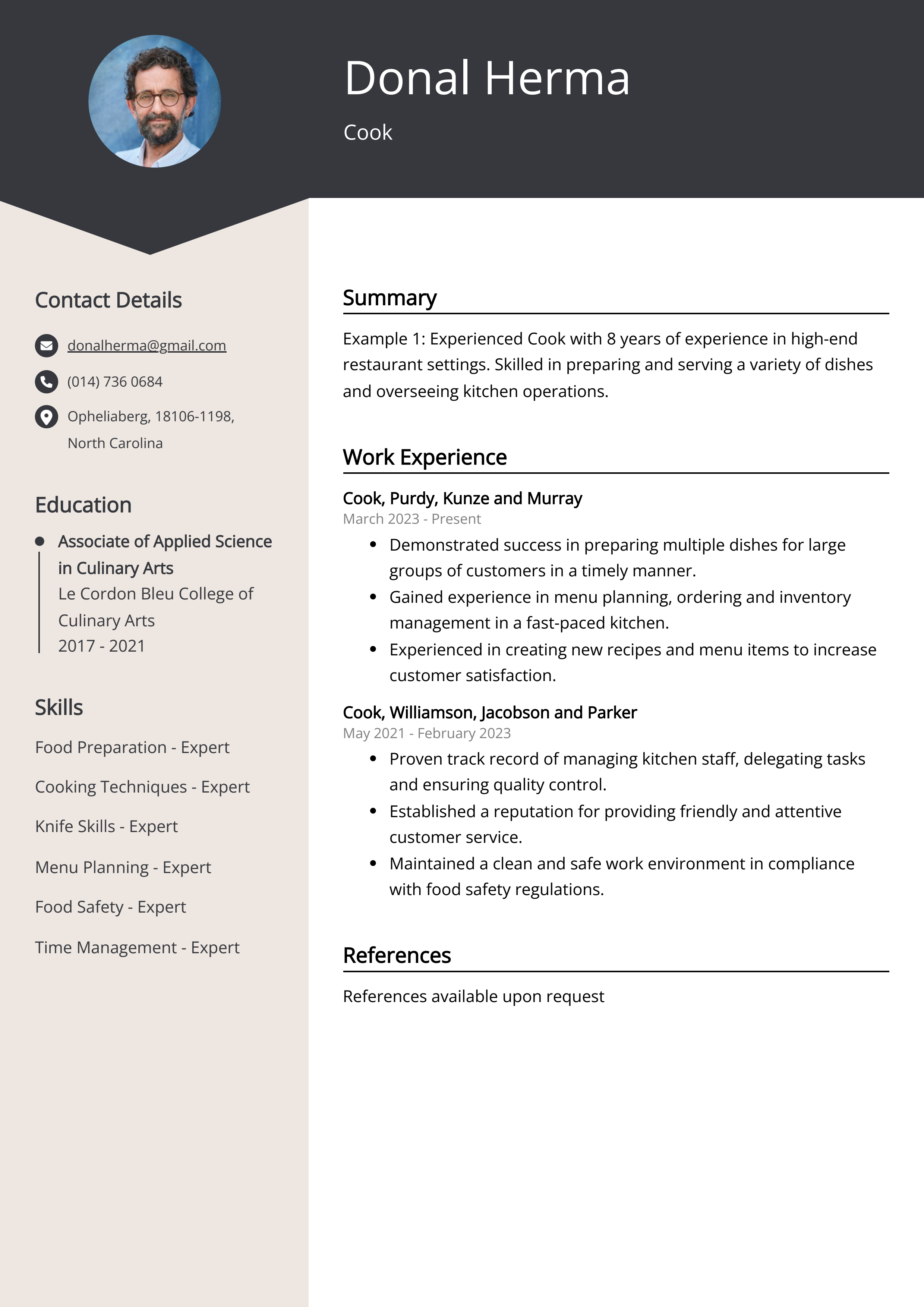 cook resume sample