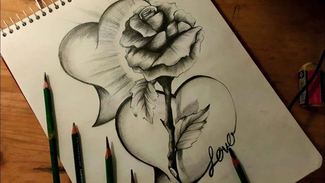 corazón rosa flor dibujos a lapiz