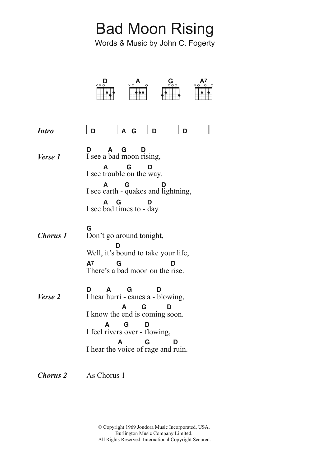 creedence clearwater revival bad moon rising chords