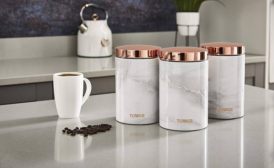 white and rose gold tea coffee sugar canisters