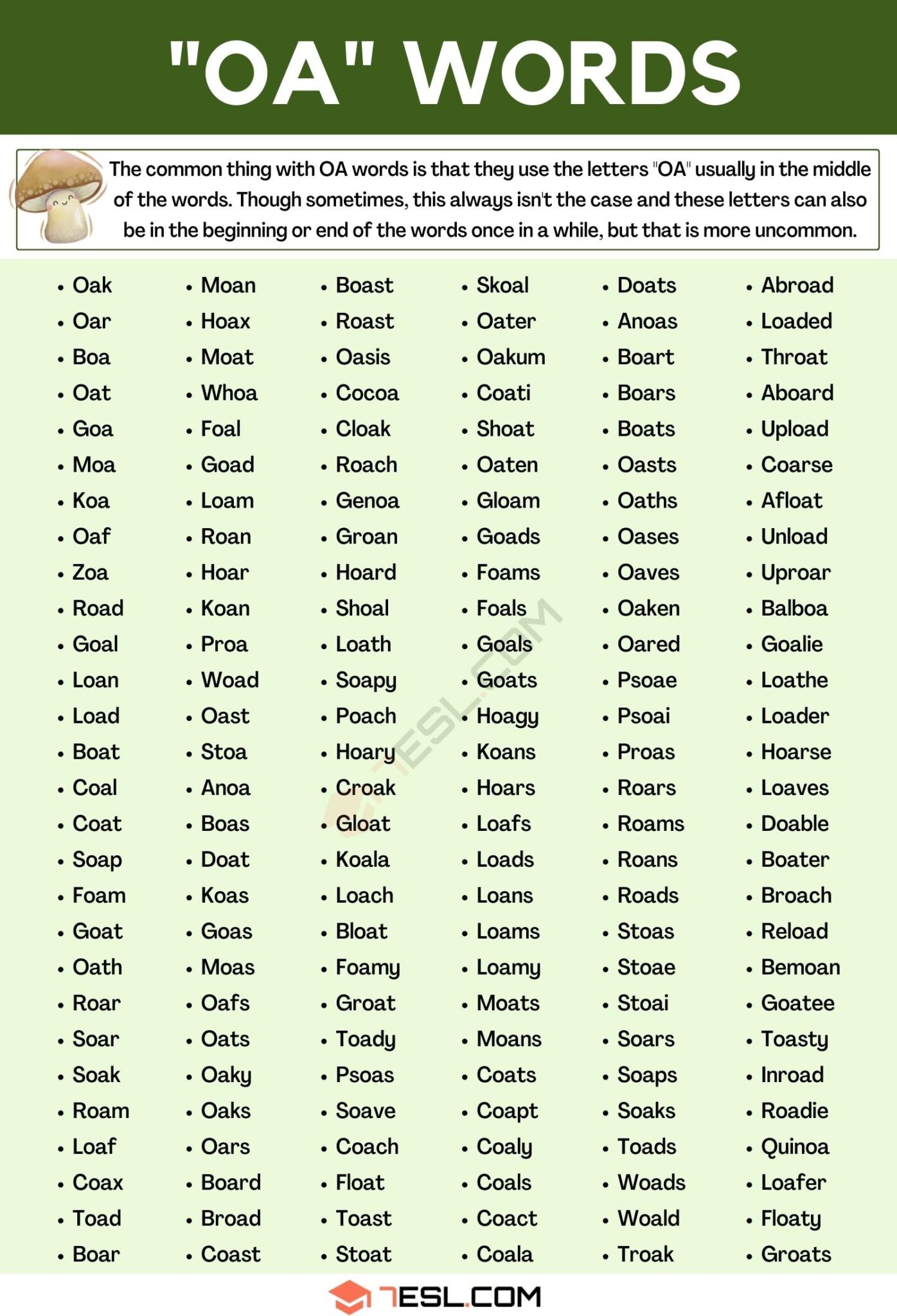 5 letter words ending in oa