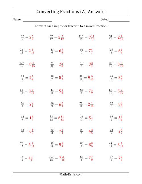 improper fractions to mixed numbers worksheet