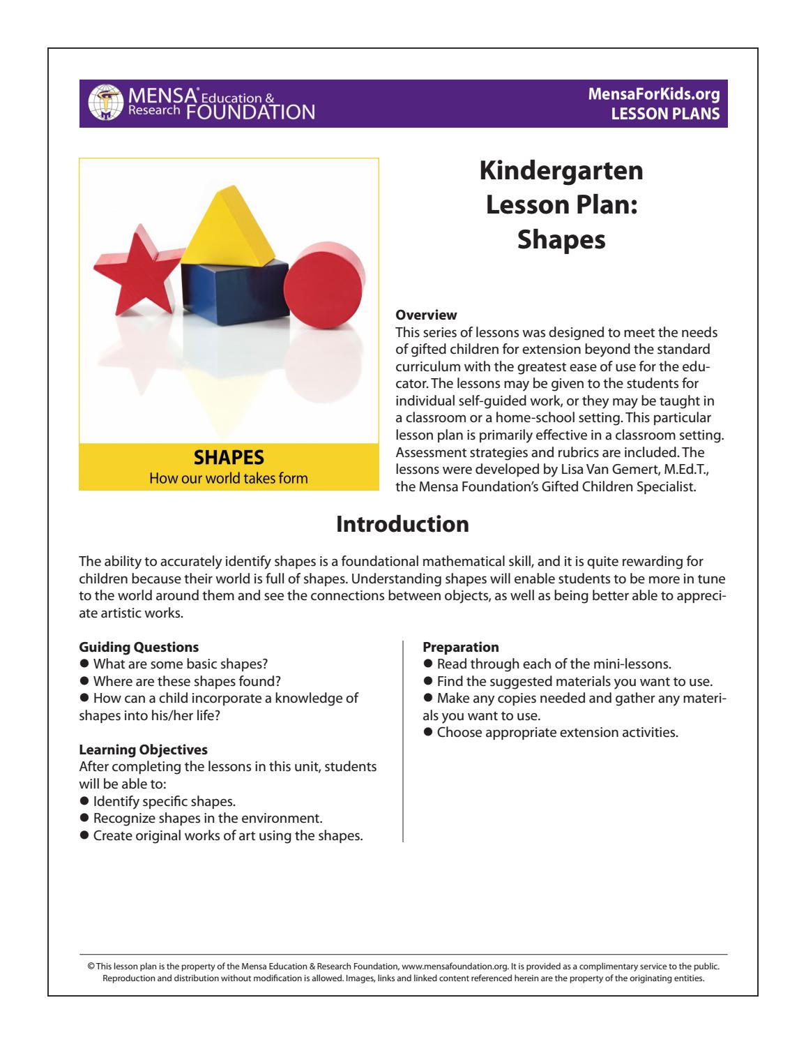 detailed lesson plan about shapes for kindergarten