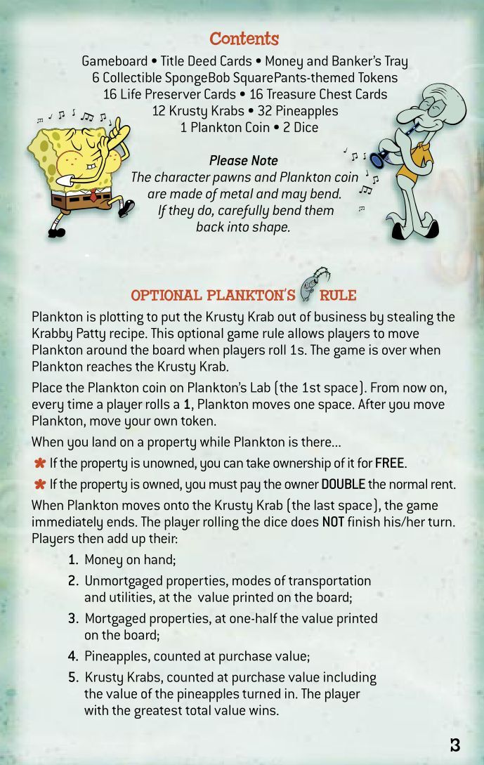 spongebob squarepants monopoly rules