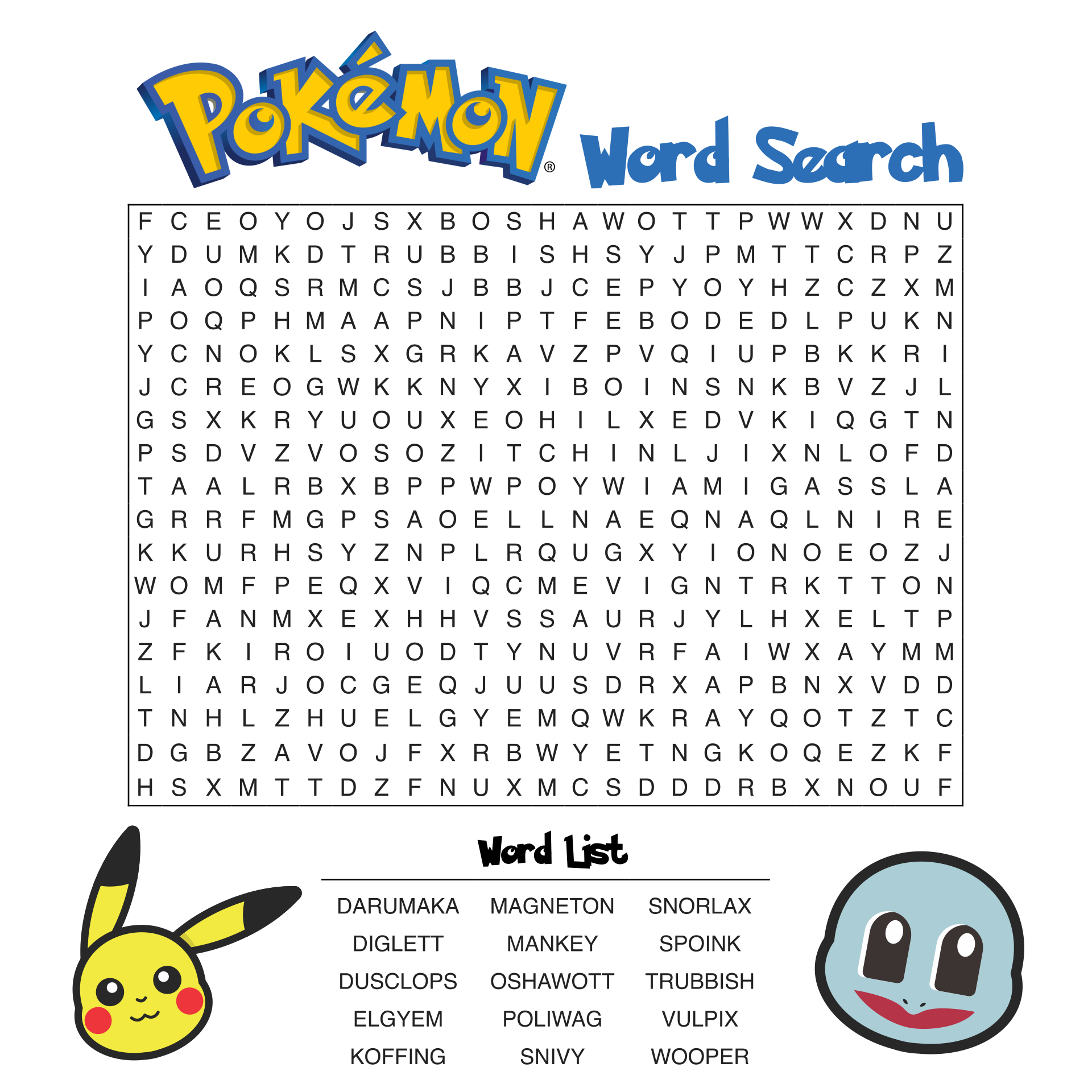 easy pokemon word search