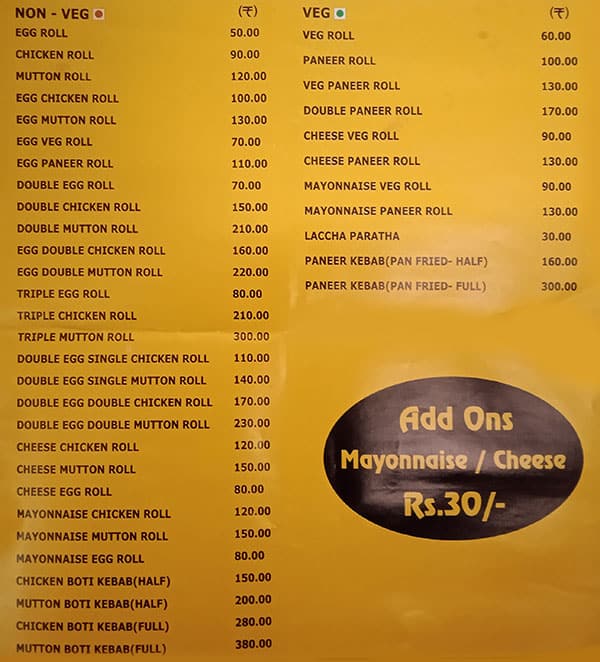 kusum rolls menu